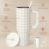 Grey Gingham 40oz Slider Tumbler with Handle and Straw - Insulated Stainless Steel Travel Coffee Mug for Women Girls, Gift for Birthday, Christmas